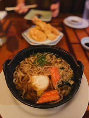 Nabeyaki Udon - Traditional Japanese thick noodles with tempura shrimp and egg (no chicken)