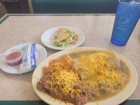 Mexican Combo plate: Beef Burrito, Beef Taco, Cheese enchalada, rice and beans.