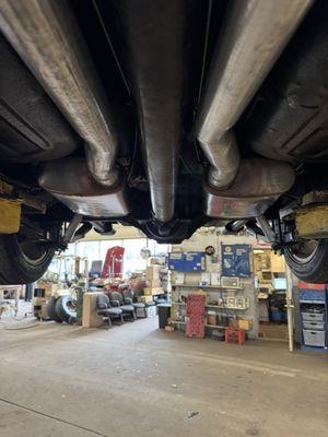 Custom exhaust on a 1965 Mustang