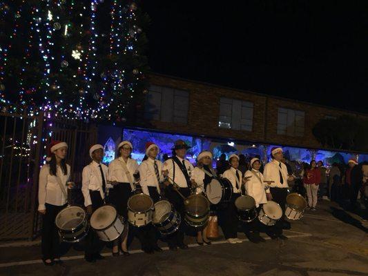 December 16, 2019. The BMC Drum Corps in action during the Christmas Tree Lighting Ceremony at St. Patrick's Church in North Hollywood.