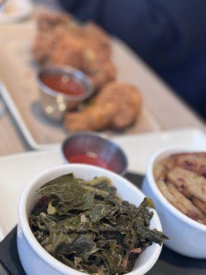 Greens, potatoes and fried chicken