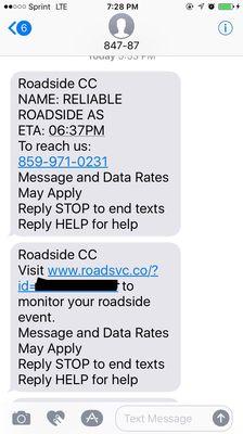 Text message from my insurance carrier to let me know who they were sending.