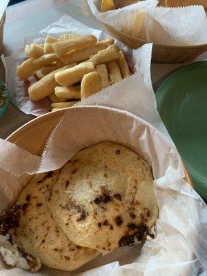 Yuca Fries and Bean and Cheese Pupusas.