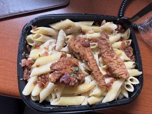 "Four cheese Mac and cheese with honey pepper chicken"