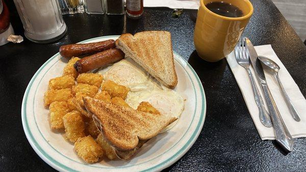 Two Eggs w/Sausage, wheat toast, tater tots and Coffee