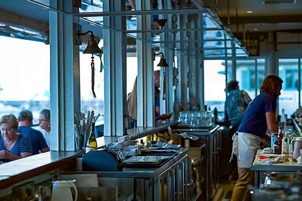 Brophy bar windows at dusk