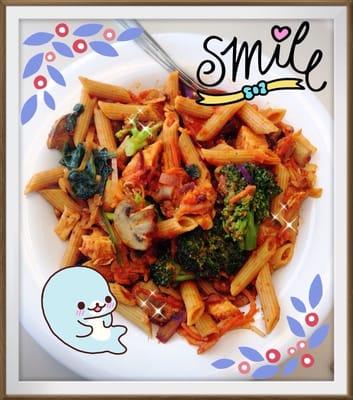 Pasta ordered at the stir fry section. Whole wheat penne with assorted vegetables and chicken, tossed in marinara sauce