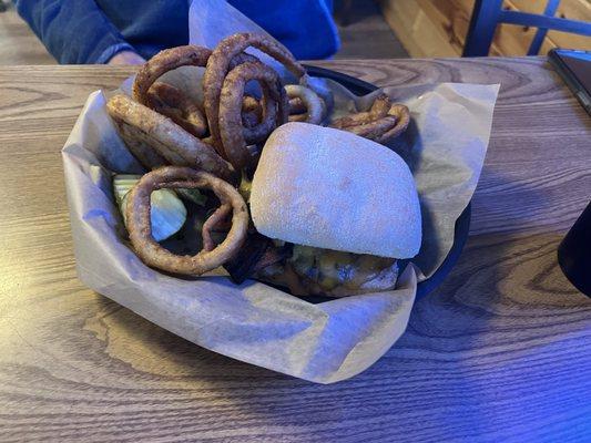 This is the Bourbon Bacon Burger with onion rings.