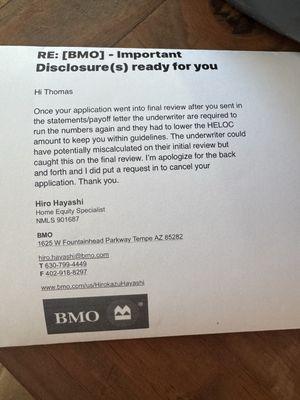 Email from Loan Department, underwriter and back office were useless