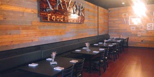 Relaxing, and comfortable dining room with warm earth tones, and contemporary flare.