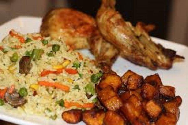 Vegetable Fried Rice, Chicken and Fried Plantain Cubes