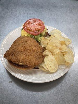 Breaded chicken sandwich! Comes with lettuce, tomato, and tavern sauce. It's on the every day menu but is on special every thursday