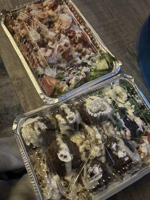 Left is chicken and rice and right is falafel and rice