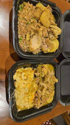 2 orders of curry chicken- one with fried rice and the other with mac n cheese. Both packed and stacked!