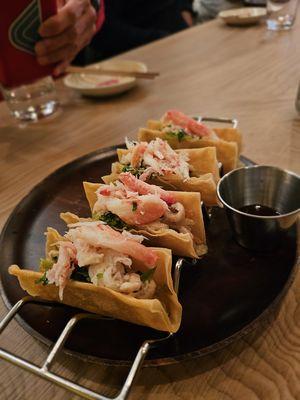 Kani Harumaki- Snow crab, pork, mushroom, and vegetables in spring roll skin with light soy dipping sauce. $14. Very tasty and reasonable