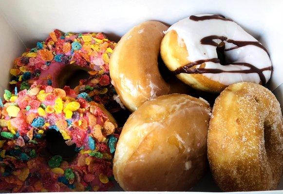 Fruity pebbles, cinnamon sugar, glazed, chocolate and vanilla frosted, and vanilla filled
