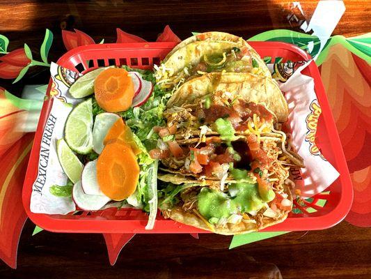 Five Chicken Hard Shell Tacos After a Trip to the Salsa and Toppings Bar