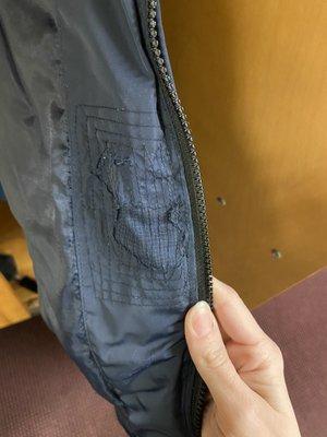 Hole patched in lining of coat as a courtesy! New zipper also featured here.