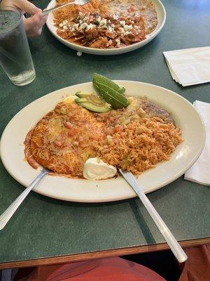 Huevos Rancheros and chilequilles with rice and beans