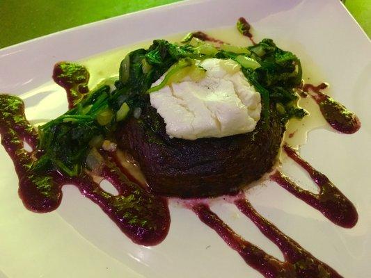 Grilled Portabella Mushroom - delicious! The balsamic + berry balances the smooth goat cheese. Great new spot to explore