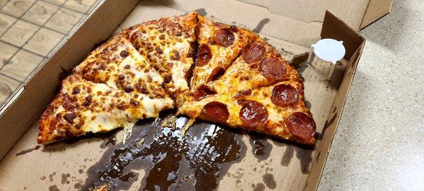 Very hot, extra cheese! Not too thick, not too thin!