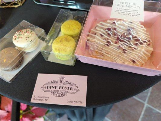 My purchase. Pistachio, chocolate and vanilla macarons. Orange cranberry white chocolate cookie