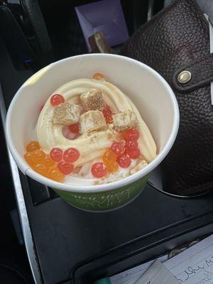 Tart with popping boba & Cheesecake pieces I wanted fresh fruit but there wasn't any as an option.