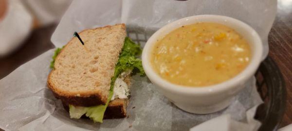 Chicken Salad Sandwich with Cream Corn and Crab Bisque