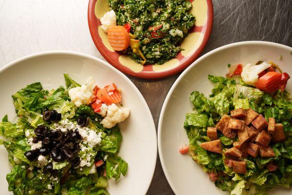 Greek Salad, Fatoosh Salad, and Tabouli Salad.