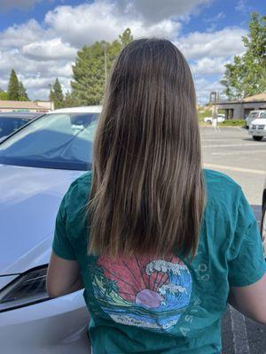 All my daughter wanted so straight across so Nina gave her exactly what she asked for and my daughter loves it!