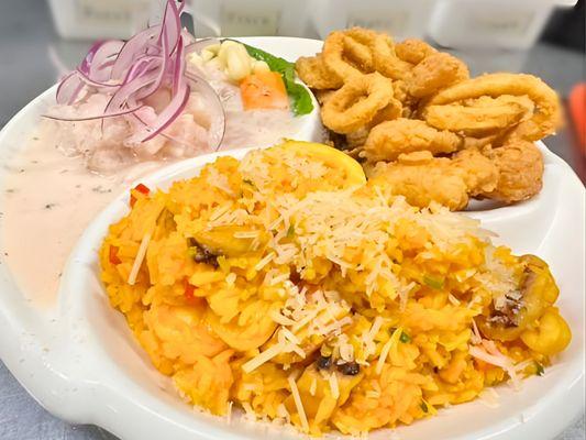Taste three Peruvian favorites in one plate: ceviche, crispy jalea, and seafood rice.