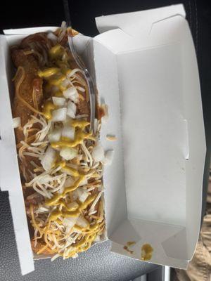 Hand spun corndog aka sloppy dog