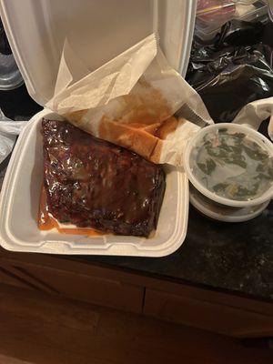 Long end dinner with greens and yams.