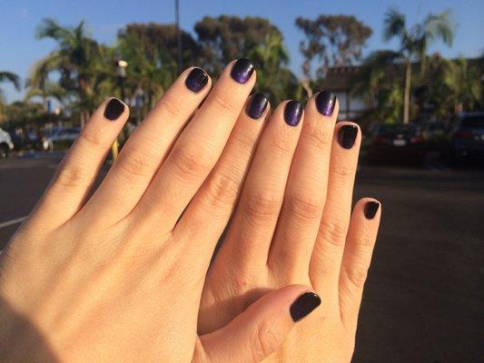 Black CND Shellac with CND purple pigment hombre style. Halloween