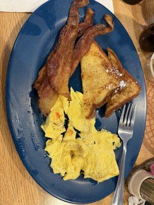 French toast with scrambled eggs and bacon