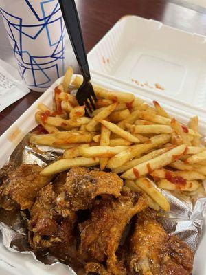 Honey old bay wings, fries, half and half