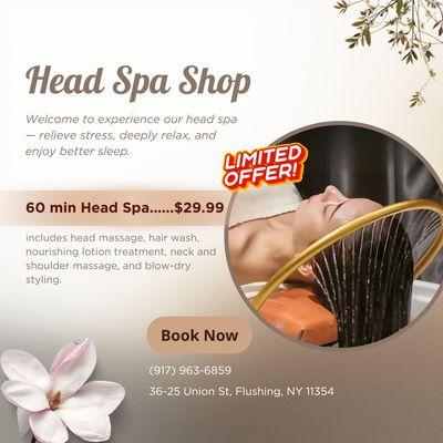 Welcome to our Head Spa
60-Minute Head Spa -- $29.99
Includes head massage, hair wash, neck & shoulder relaxation, and blow-dry.