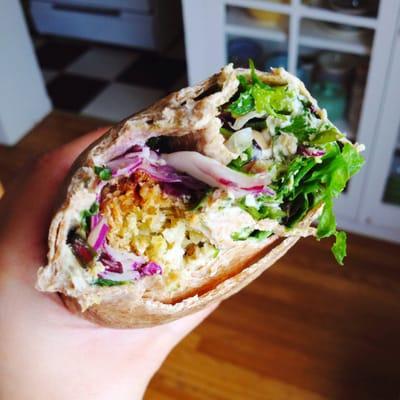 Organic Mediterranean whole wheat wrap with hummus, falafel, spinach, & red cabbage. Pretty tasty! $5.49