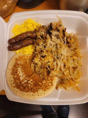 Not so great breakfast plate: Pancakes, scrambled eggs, sausage, and hashbrowns.