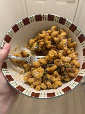 Cavatappi with freshly made sun-dried tomato basil pesto. Delicious!
