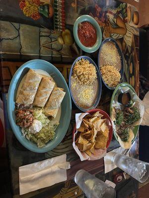 Chimichanga Trio Chimichangas! Beef, chicken, and pork! Really great deal! Wife had carnitas tacos! The pork tacos are really good!