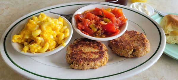Salmon Cakes special with Mac n Cheese and Stewed Tomatoes