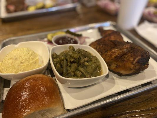1/2 chicken plate with green beans and potato salad