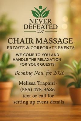 Now offering Corporate Wellness event services. Contact directly to discuss details.