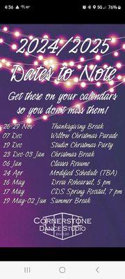 Important dates for the studio.