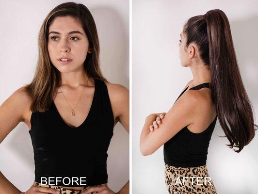 Long Christy ponytail extension before & after.