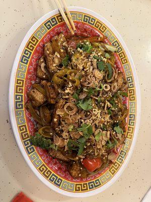 Noodles and smoky fried tofu with Vegetables.