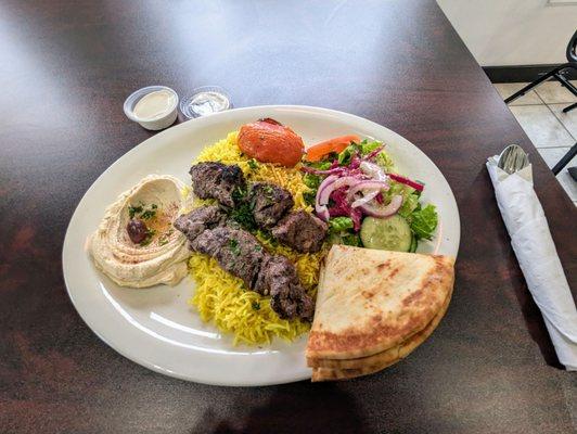 The Beef Kabob Platter.