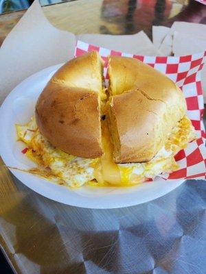 Egg and cheese on an egg bagel