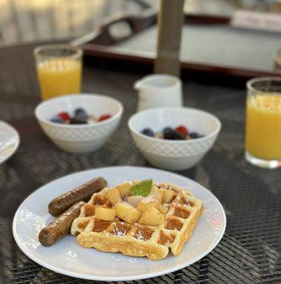 Breakfast Belgian waffle and vegan sausage (as requested)